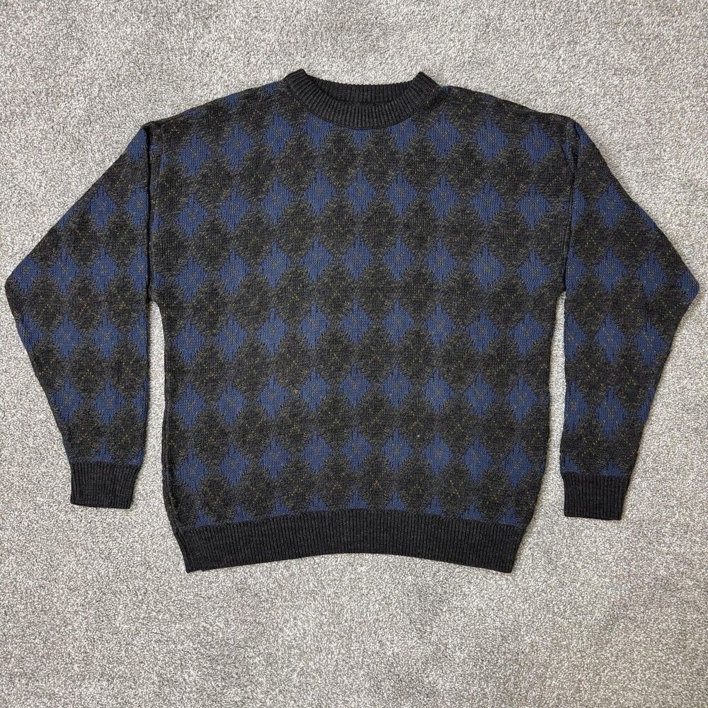 Vintage Jantzen Sweater Mens Large Blue Argyle Crewneck Knit Grandpa Core 90s